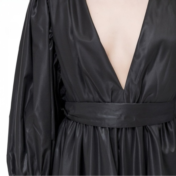 MSGM Satin High Shine Faux Wrap Asymmetrical  Puff Sleeve Bow Tie Mini Dress NEW - Picture 9 of 16